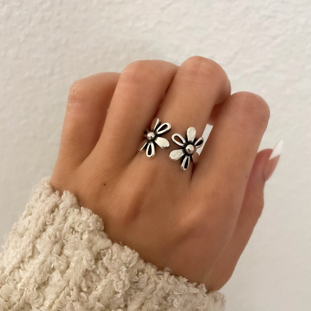 925 Sterling Silver Flower Ring Geometric Floral Ring Dainty Minimalist Ring - Picture 6 of 9
